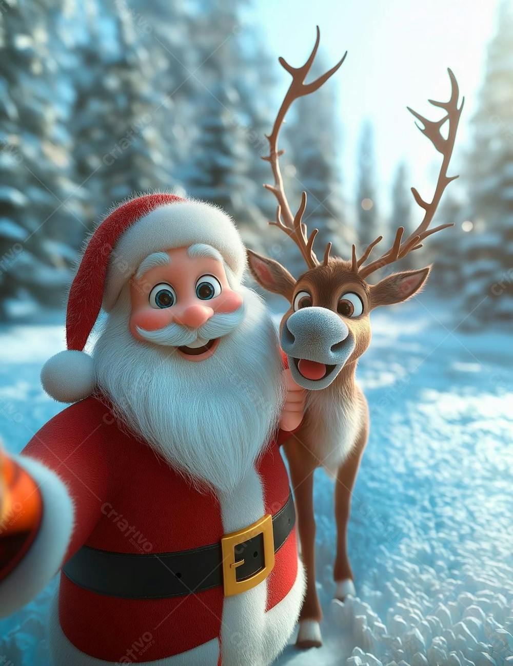 Selfie Papai Noel e Rena 3D Estilo Cartoon