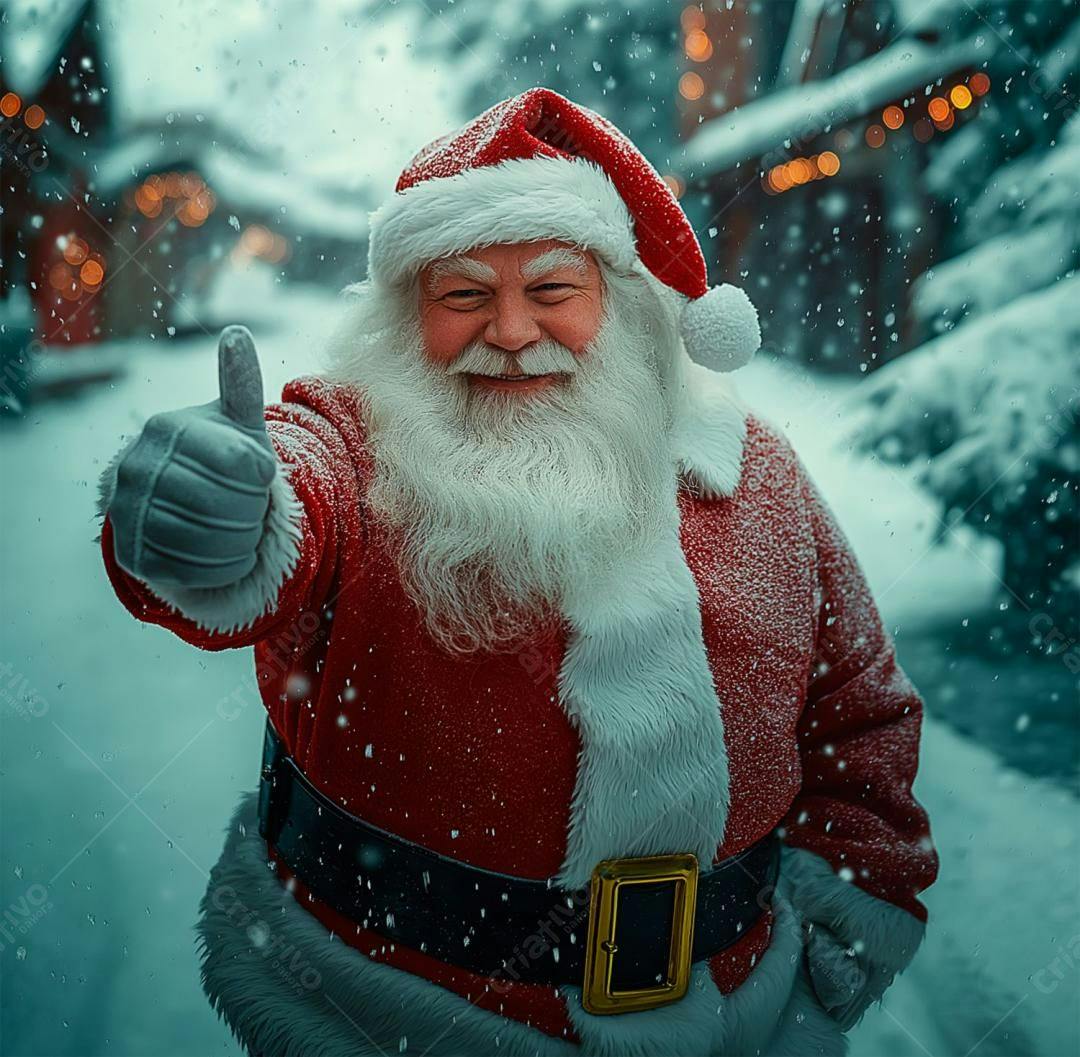 Papai Noel sorrindo na neve mostrando joinha