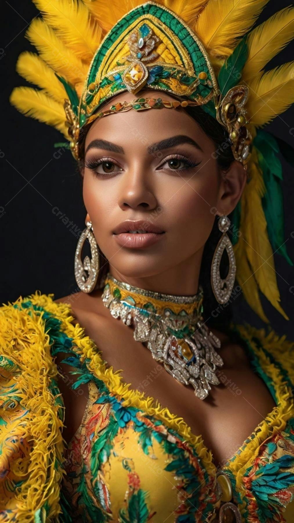 Mulher negra em traje carnavalesco amarelo e verde