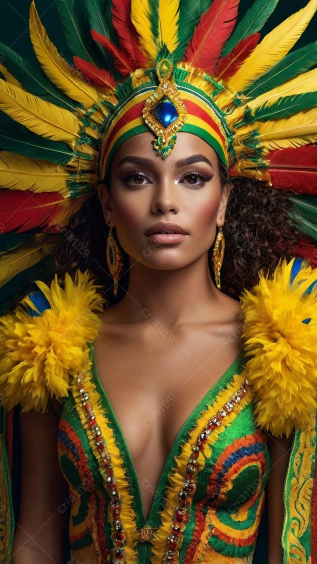 Modelo com fantasia de penas vibrantes