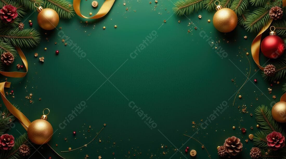 Enfeites natalinos dourados e vermelhos fundo verde