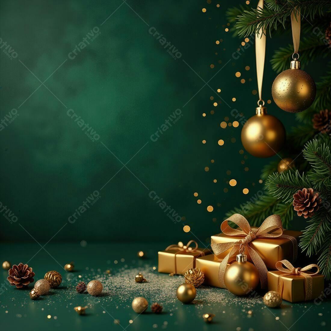 Presentes de Natal Dourados em Fundo Verde