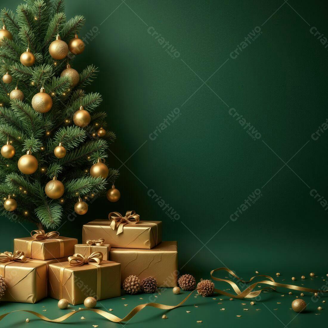 Árvore de Natal dourada com presentes