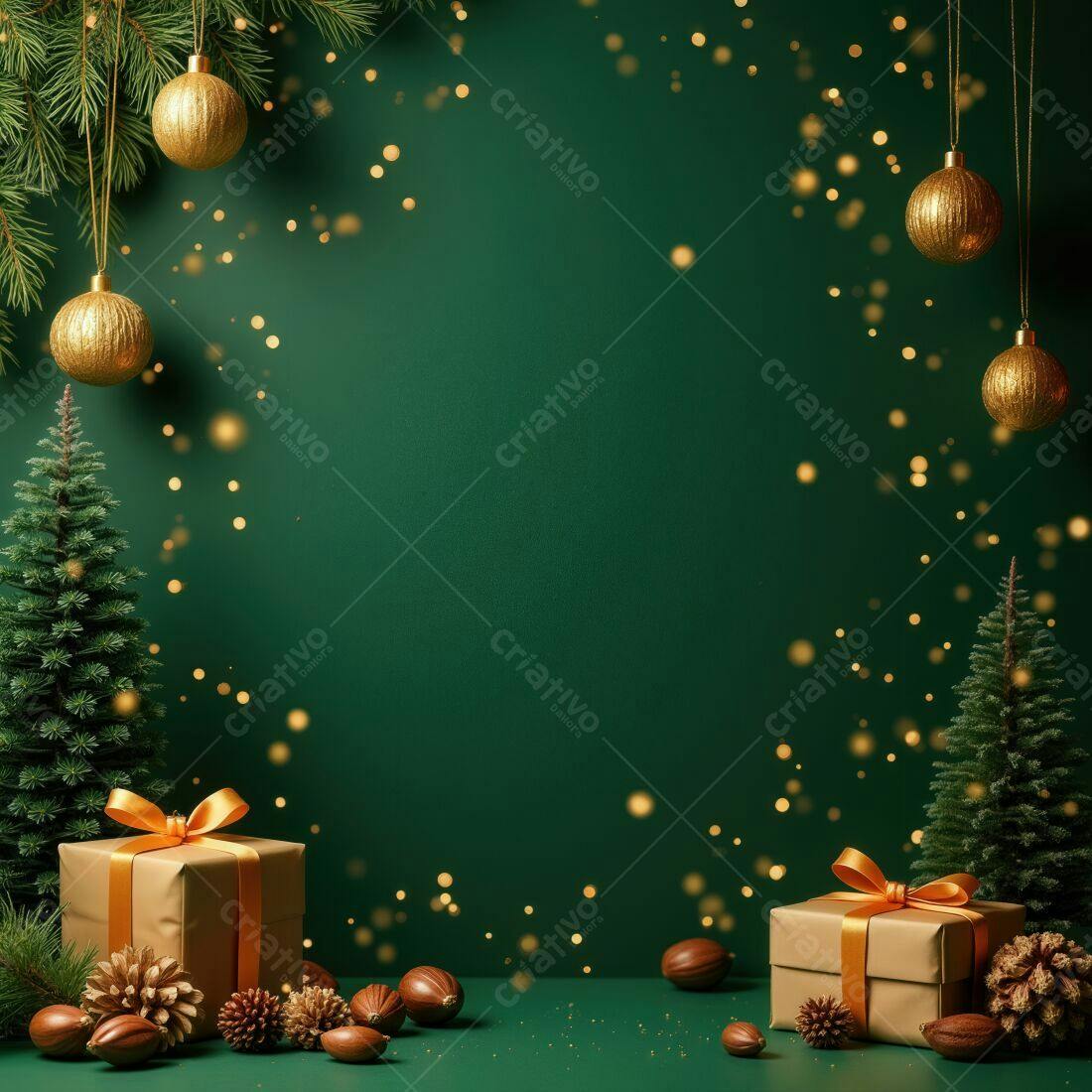 Presente de Natal com pinhas e bolas douradas