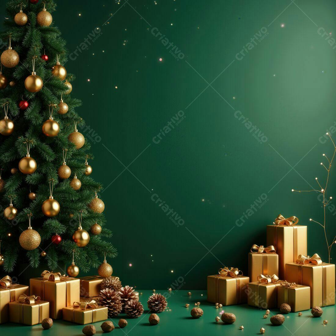 Árvore de Natal Dourada e Verde com Presentes