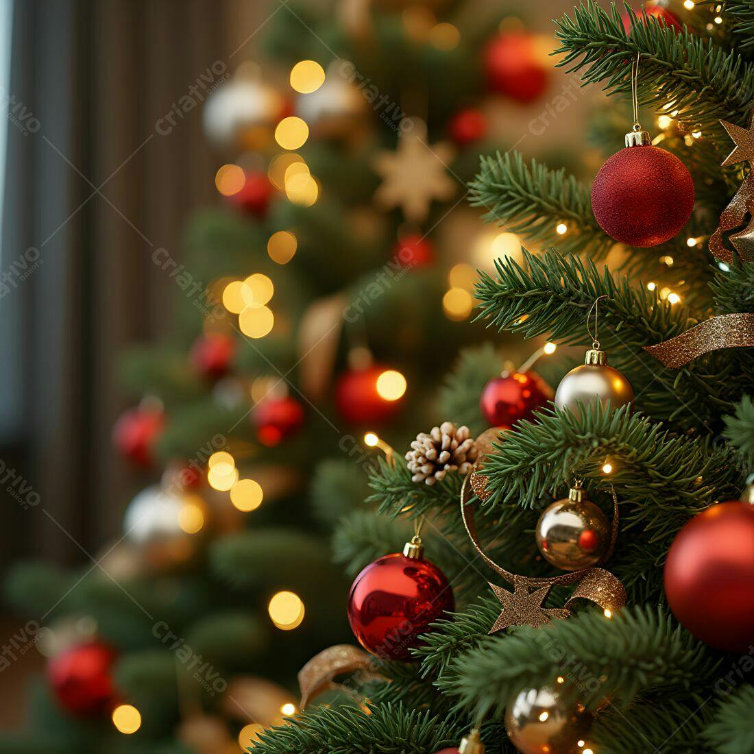 Árvore de Natal com enfeites vermelhos e dourados