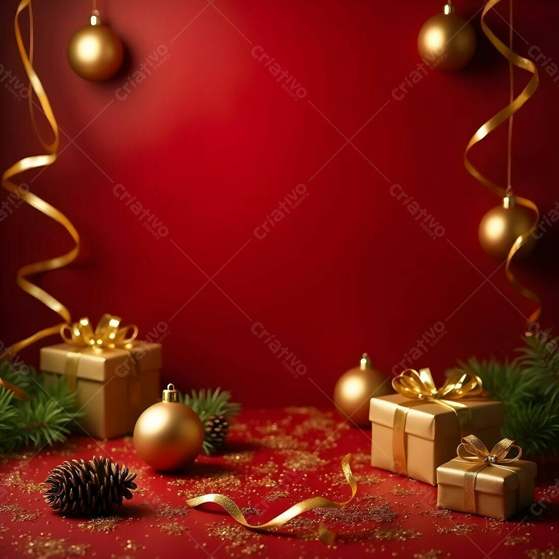 Presentes de Natal dourados em fundo vermelho
