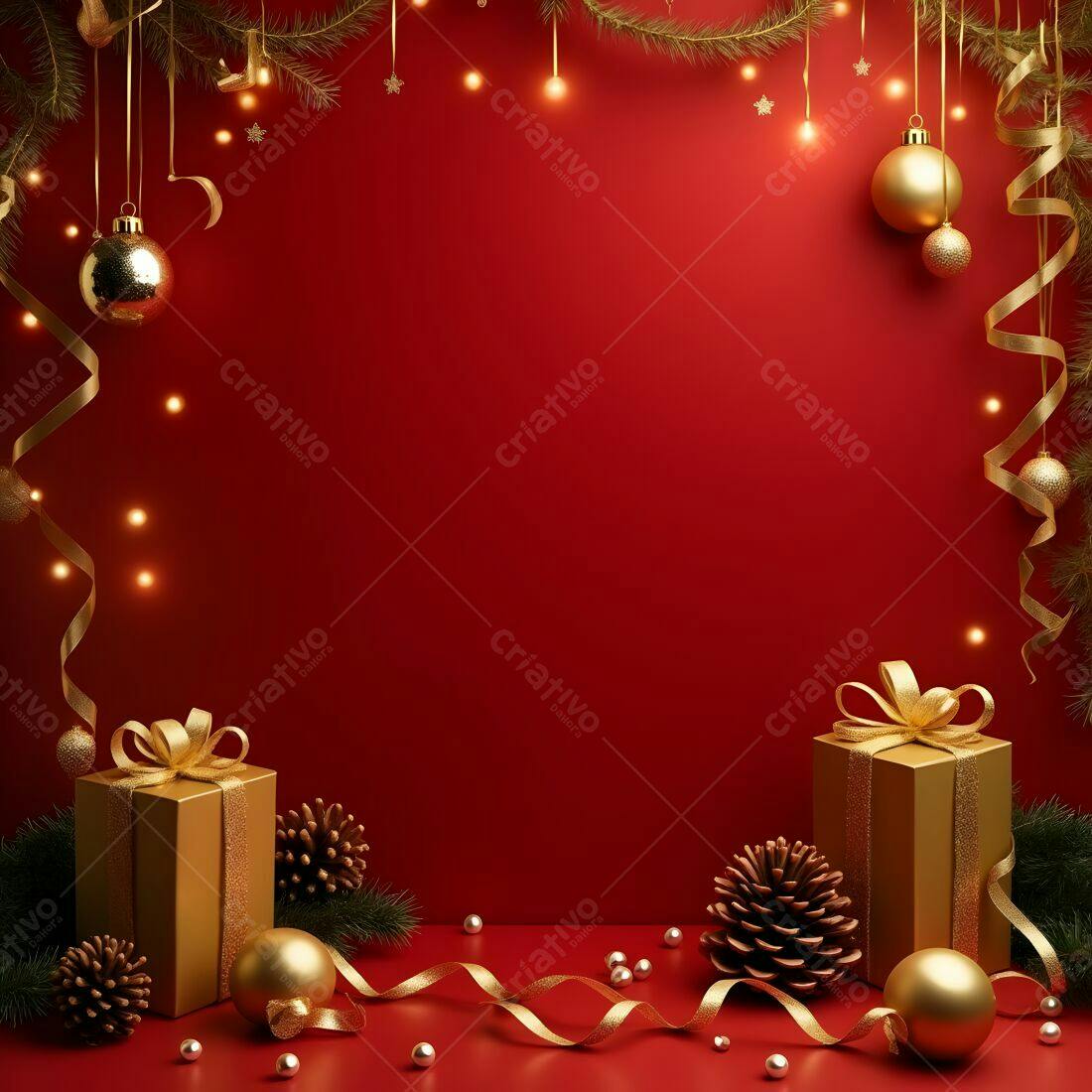 Presente de Natal dourado com decoração vermelha