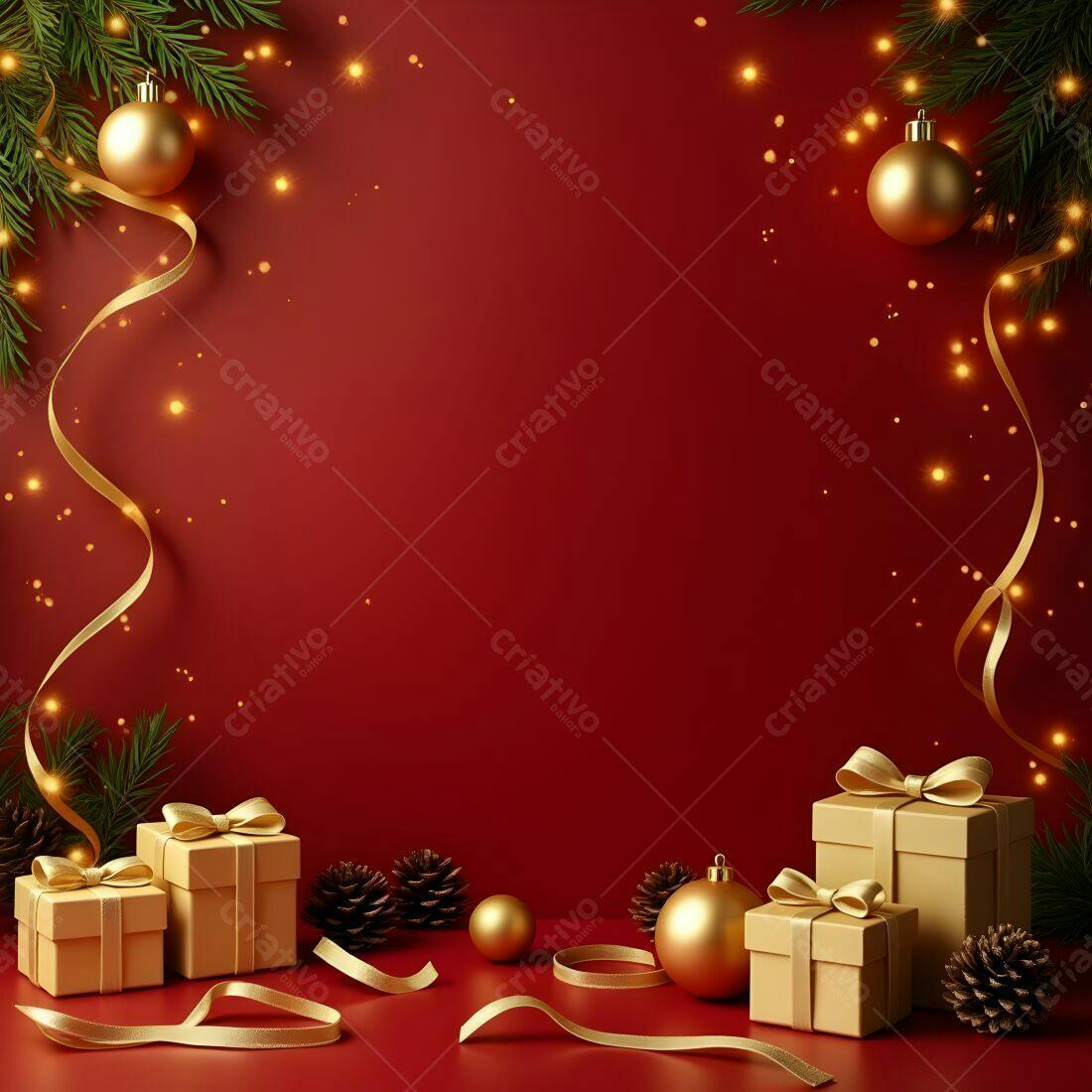 Presente de Natal dourado fundo vermelho