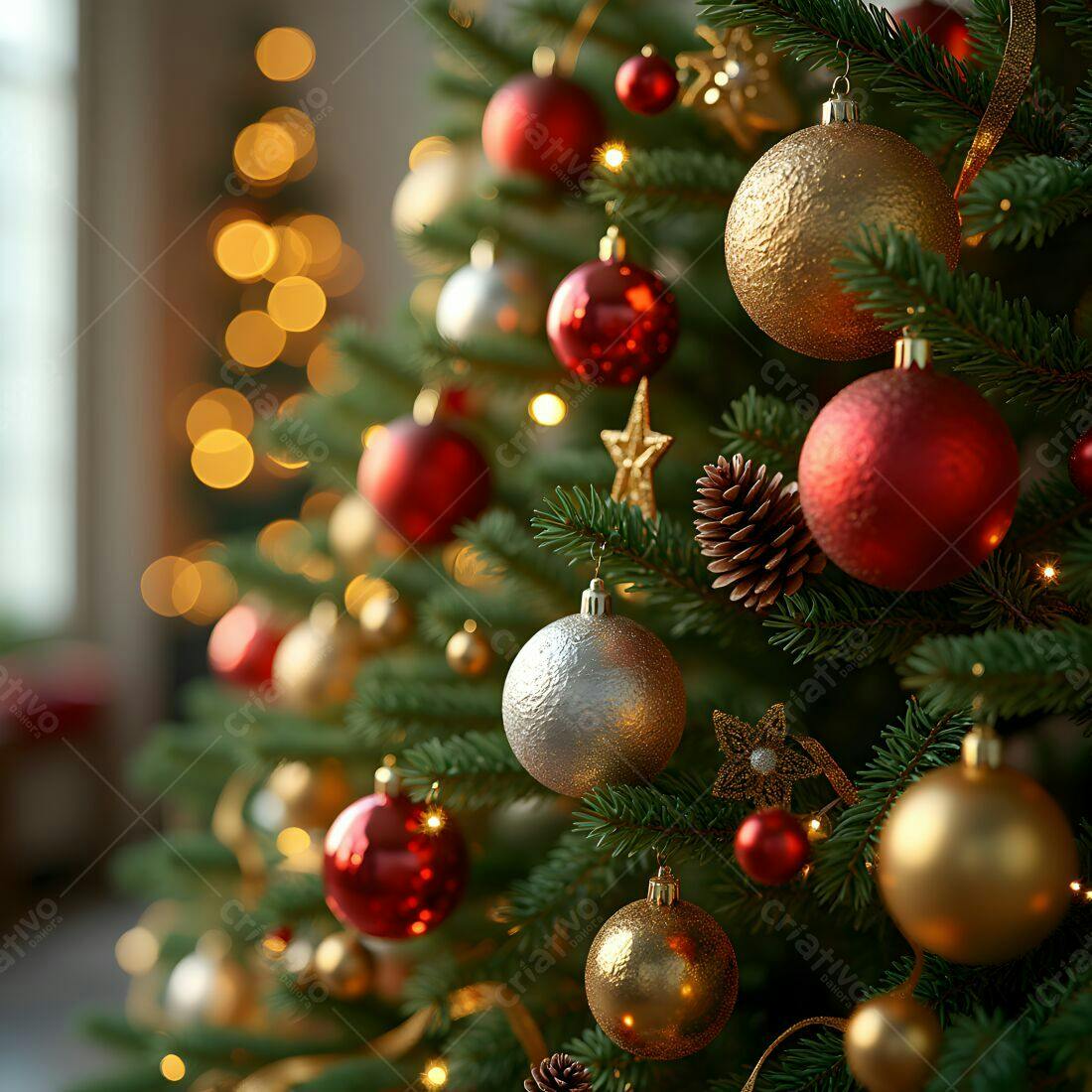 Árvore de Natal com enfeites vermelhos e dourados