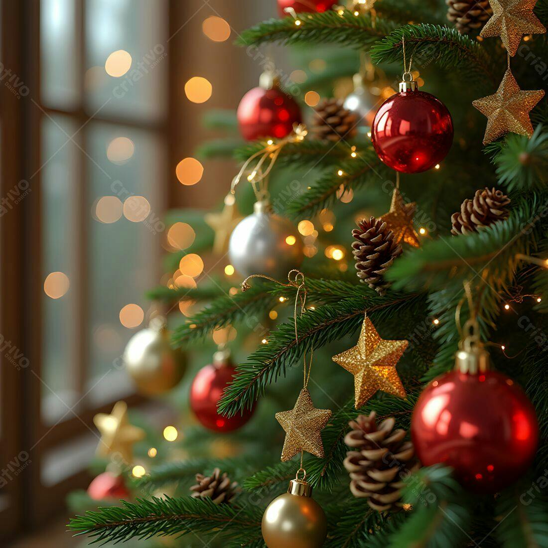 Árvore de Natal com enfeites vermelhos e dourados