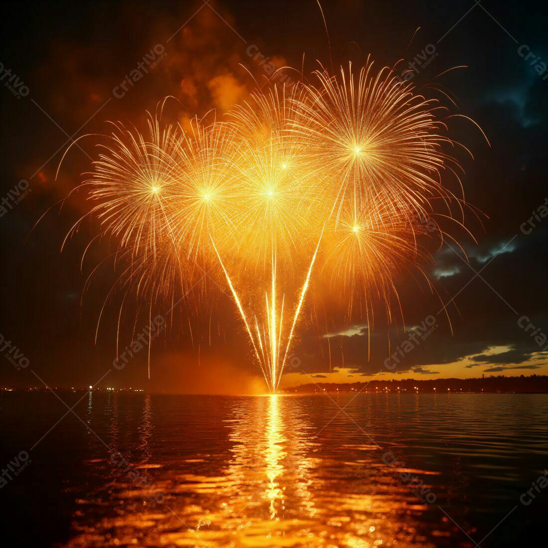 Fogos de artifício dourados sobre lago à noite