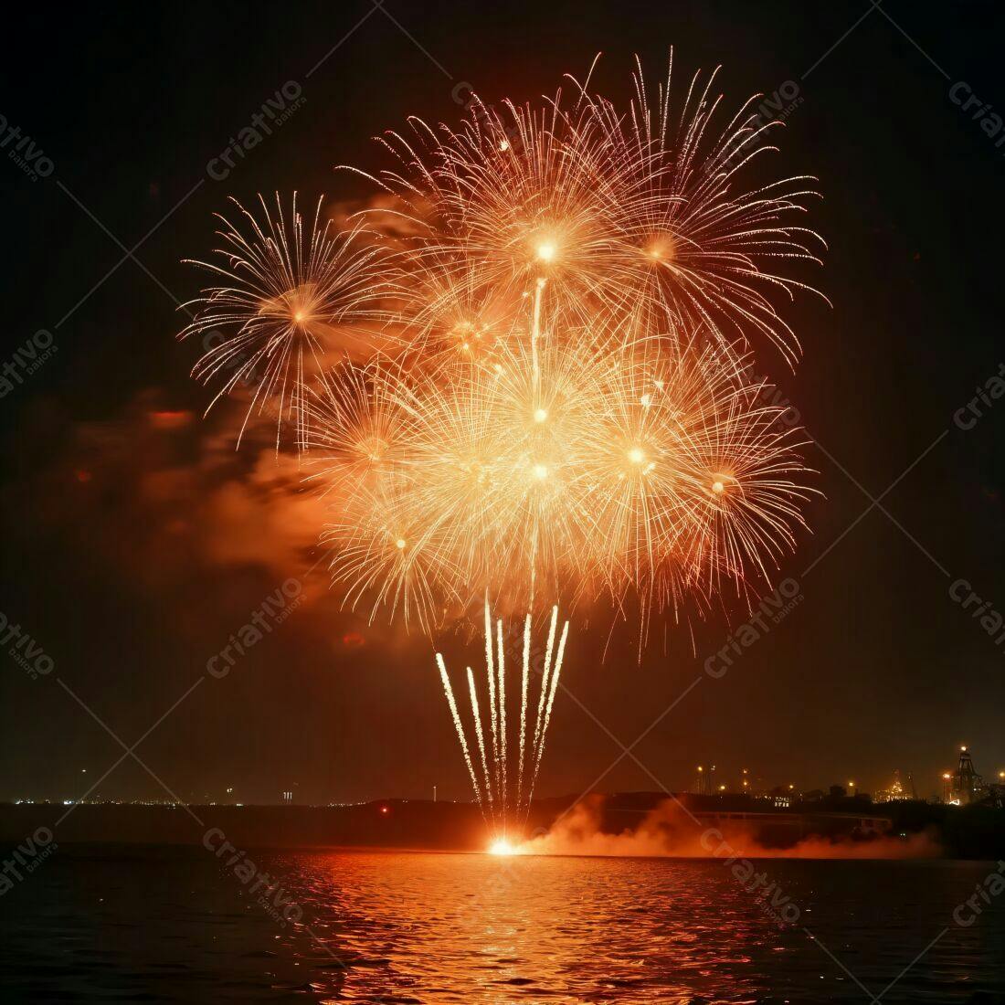 Show de fogos de artifício dourado sobre a água