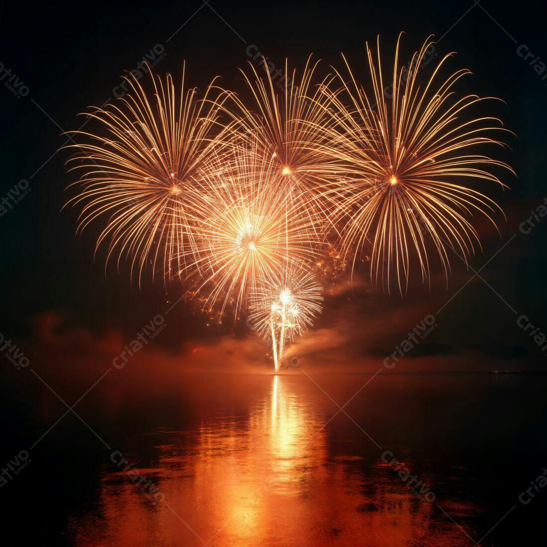 Fogos de artifício dourados sobre águas escuras
