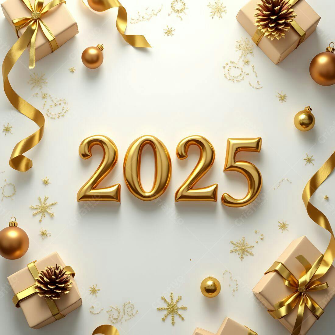 Ano Novo 2025 dourado com presentes