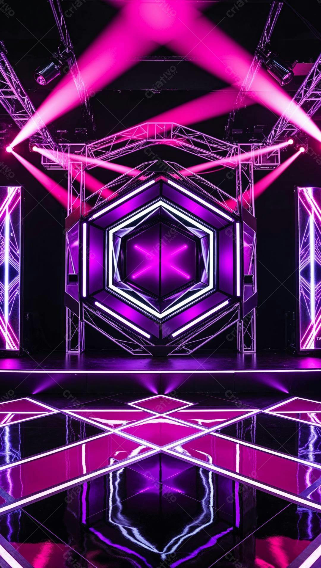 Palco com iluminação roxa e estrutura geométrica