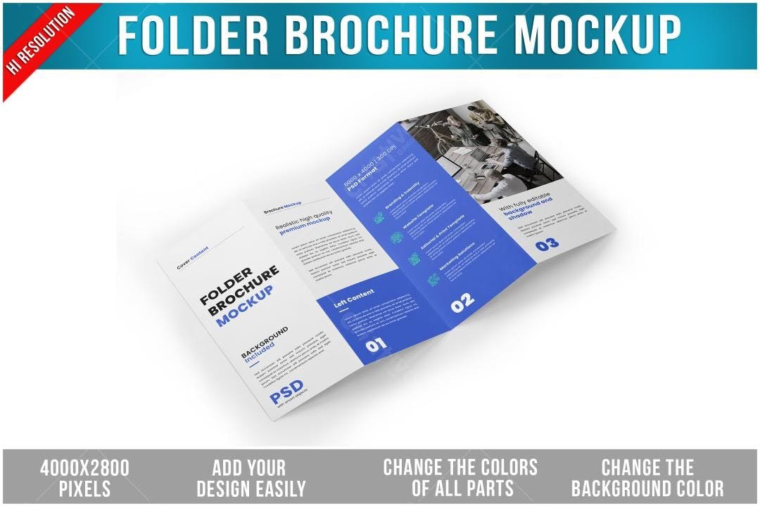 Mockup de Folder Brochure Tri-Fold Azul e Branco