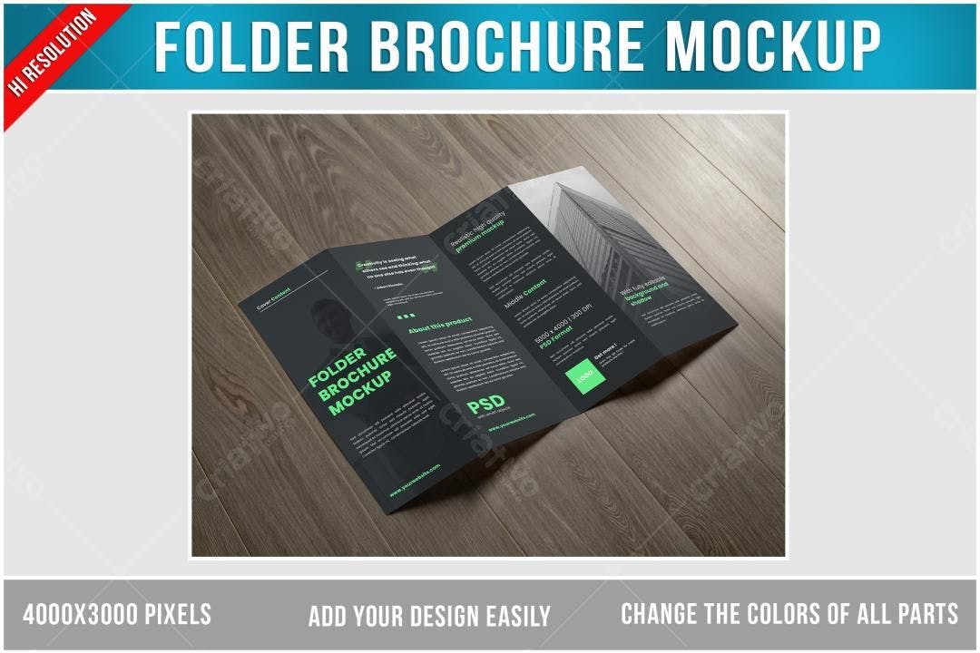 Mockup de Folder Brochure Preto e Verde em Madeira