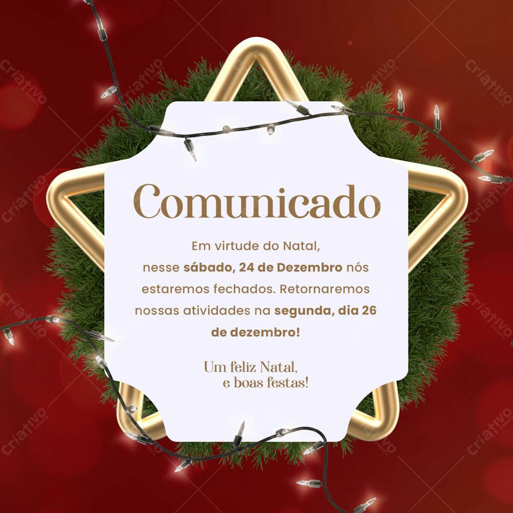 Comunicado De Natal 25 De Dezembro Social Media Psd Editável