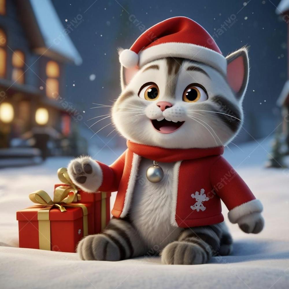 Um Gato Com Chapéu De Papai Noel Sentado No Chão  Com Presente