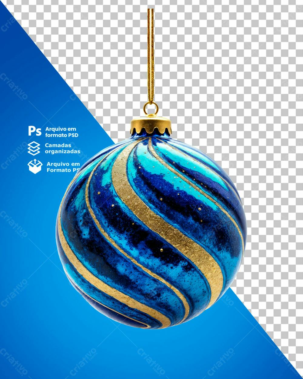 Bolinha De Natal Azul Desenho Em Espiral Dourado Elemento 3D Psd Editável 12