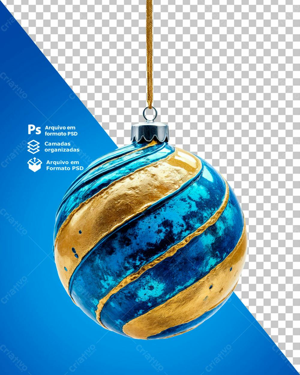 Bolinha De Natal Azul Desenho Em Espiral Dourado Elemento 3D Psd Editável 11