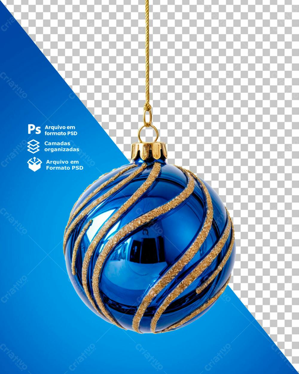 Bolinha De Natal Azul Desenho Em Espiral Dourado Elemento 3D Psd Editável