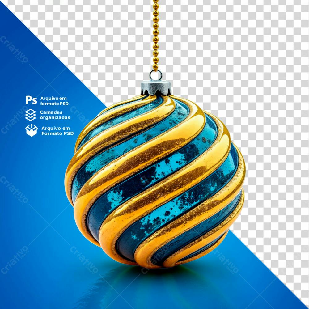 Bolinha De Natal Azul Desenho Em Espiral Dourado Elemento 3D Psd Editável 13