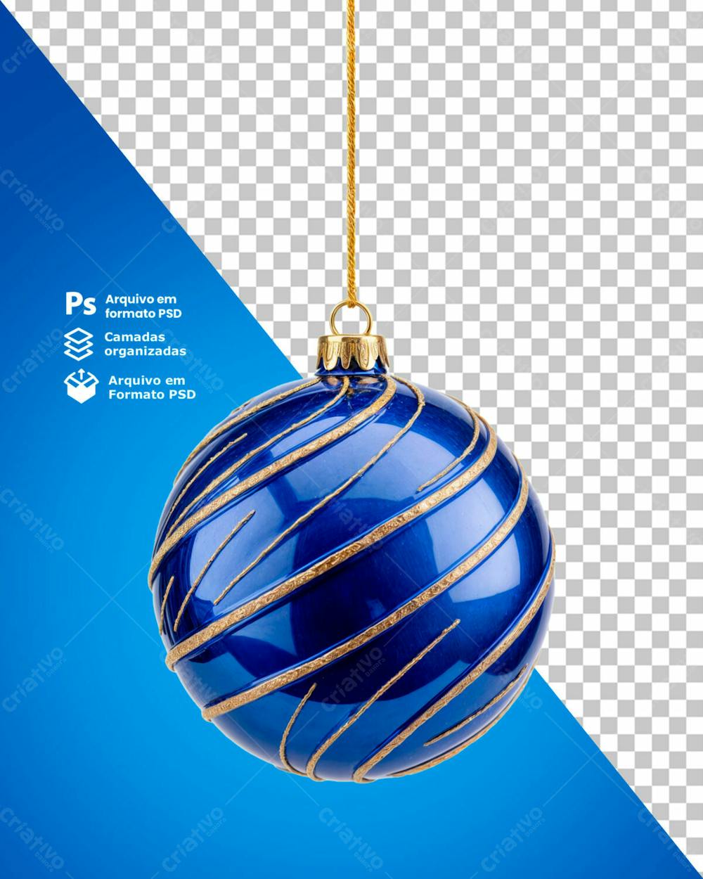 Bolinha De Natal Azul Desenho Em Espiral Dourado Elemento 3D Psd Editável 01