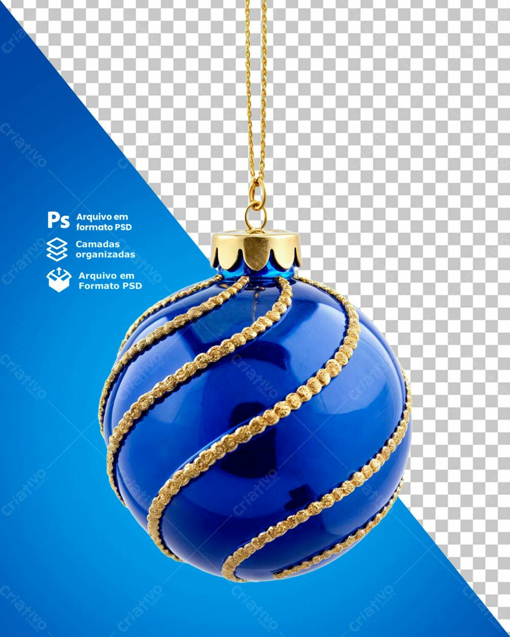 Bolinha De Natal Azul Desenho Em Espiral Dourado Elemento 3D Psd Editável 02