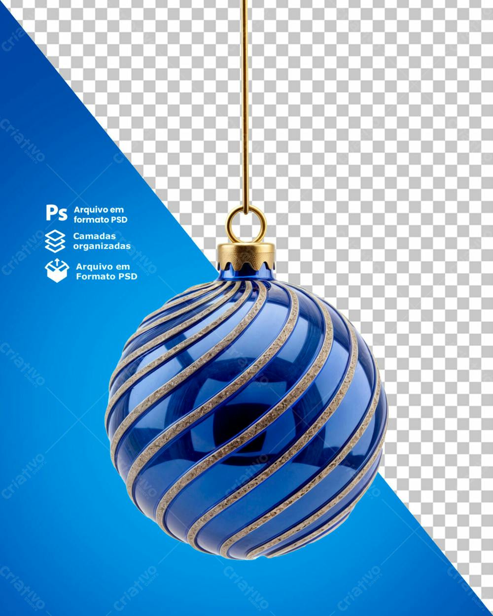 Bolinha De Natal Azul Desenho Em Espiral Dourado Elemento 3D Psd Editável 03