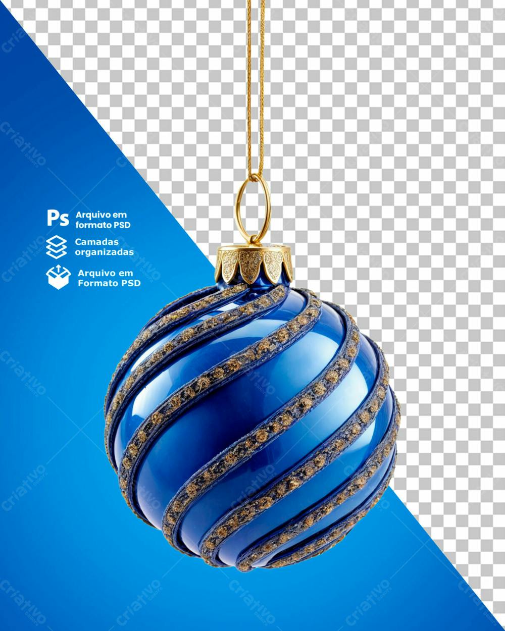 Bolinha De Natal Azul Desenho Em Espiral Dourado Elemento 3D Psd Editável 04