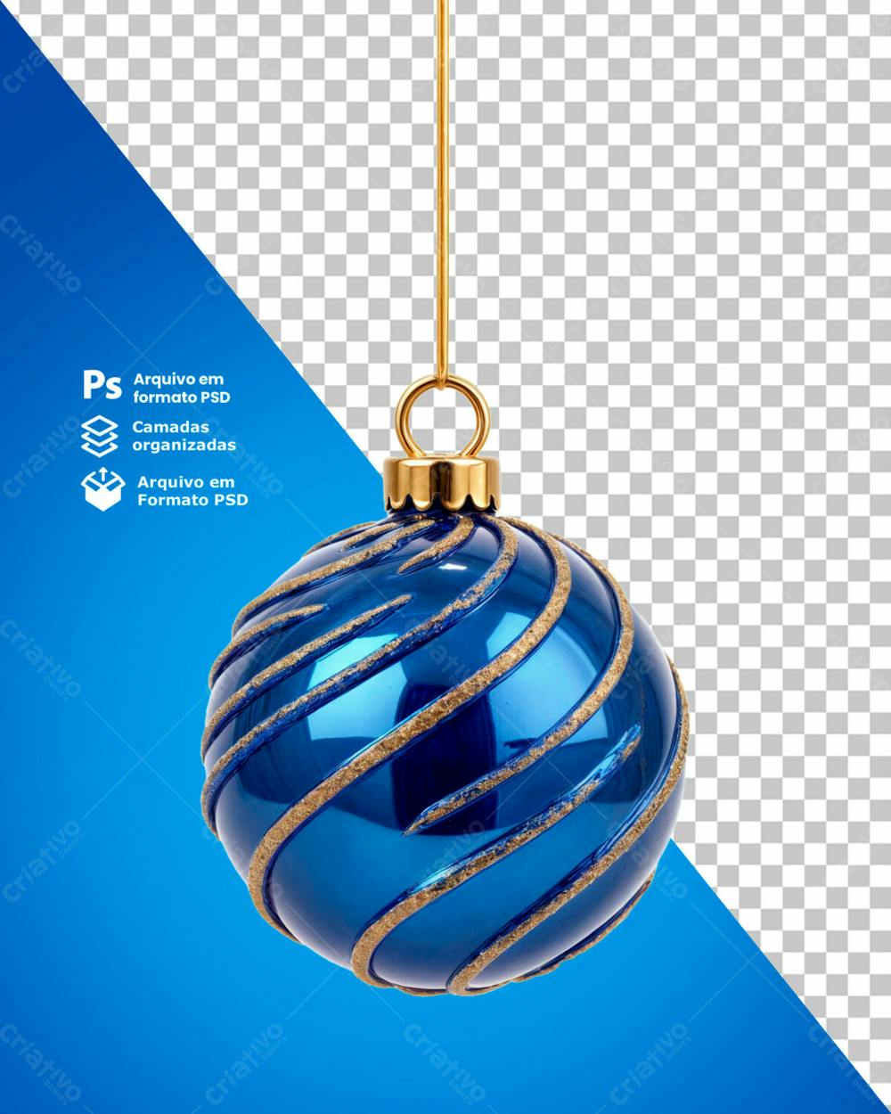 Bolinha De Natal Azul Desenho Em Espiral Dourado Elemento 3D Psd Editável 05