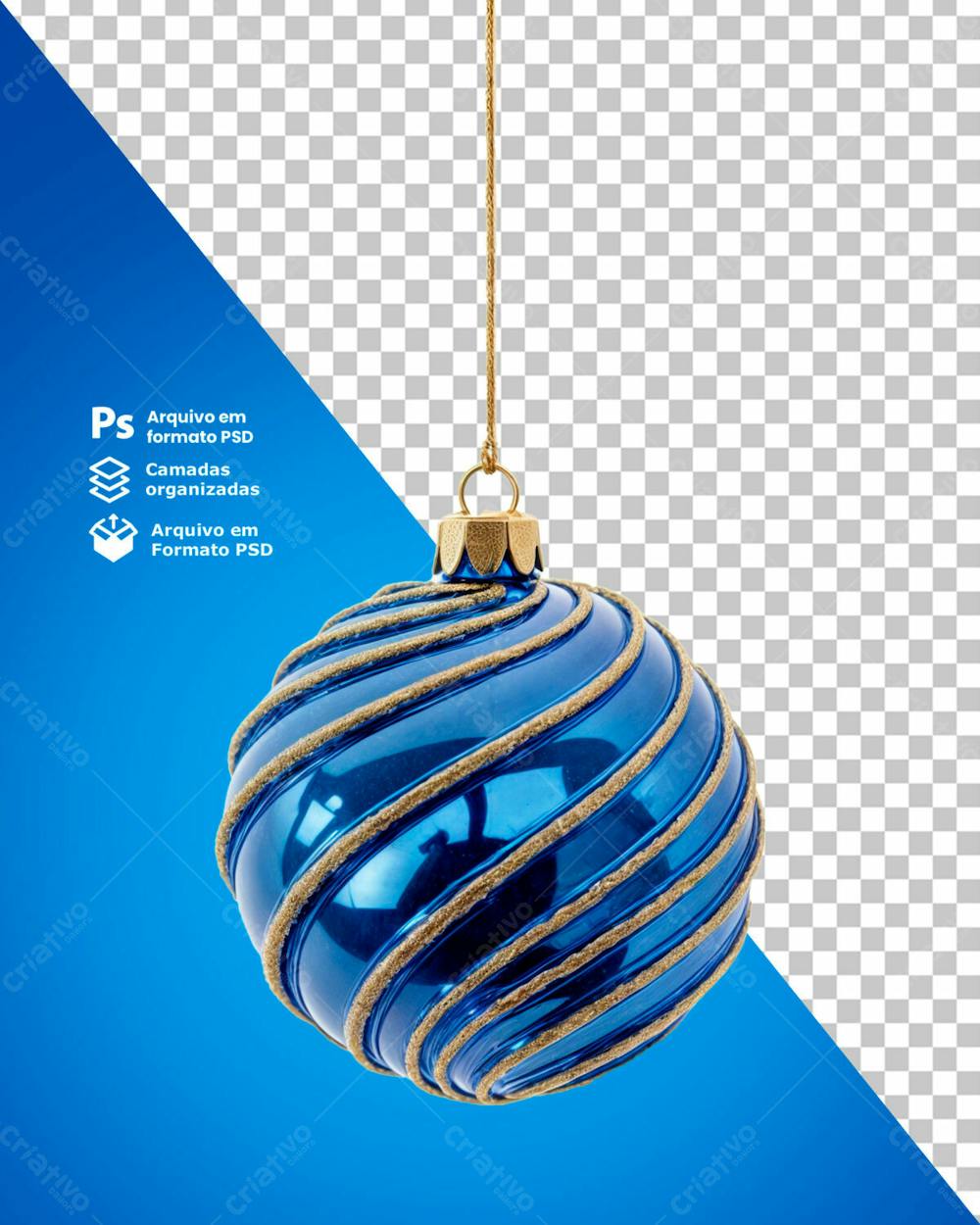 Bolinha De Natal Azul Desenho Em Espiral Dourado Elemento 3D Psd Editável 06