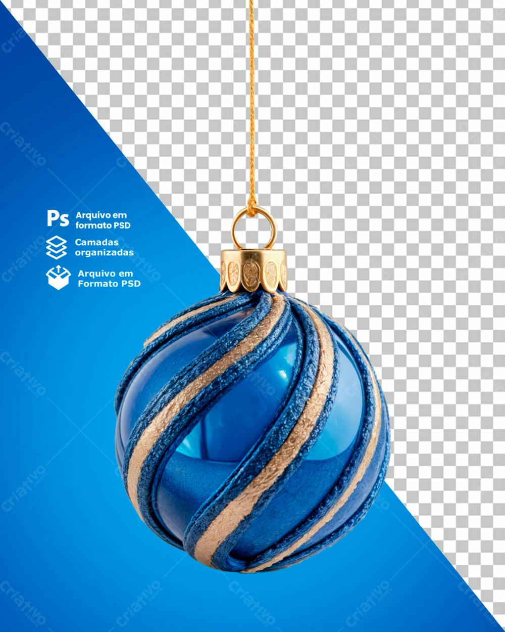 Bolinha De Natal Azul Desenho Em Espiral Dourado Elemento 3D Psd Editável 07