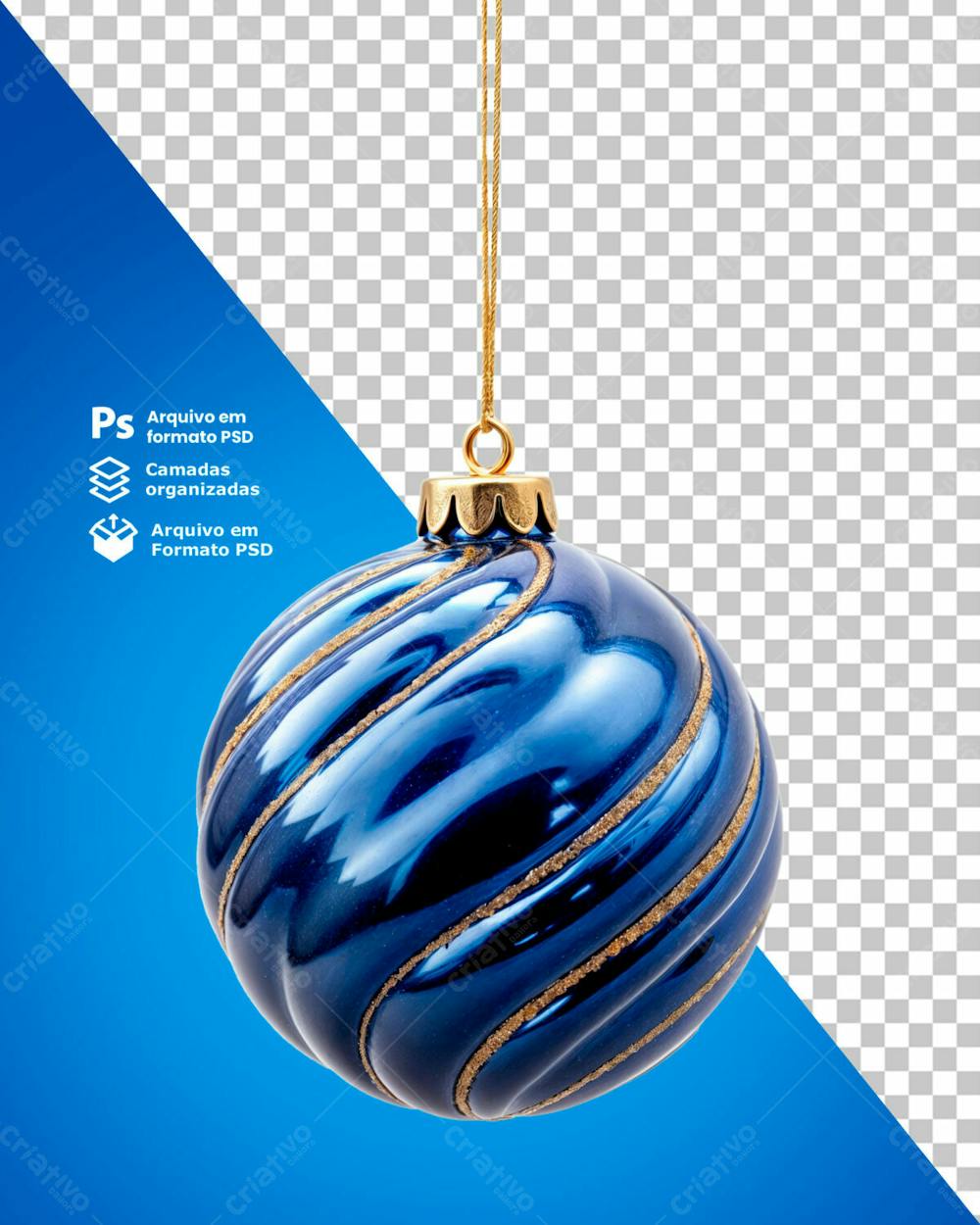Bolinha De Natal Azul Desenho Em Espiral Dourado Elemento 3D Psd Editável 08