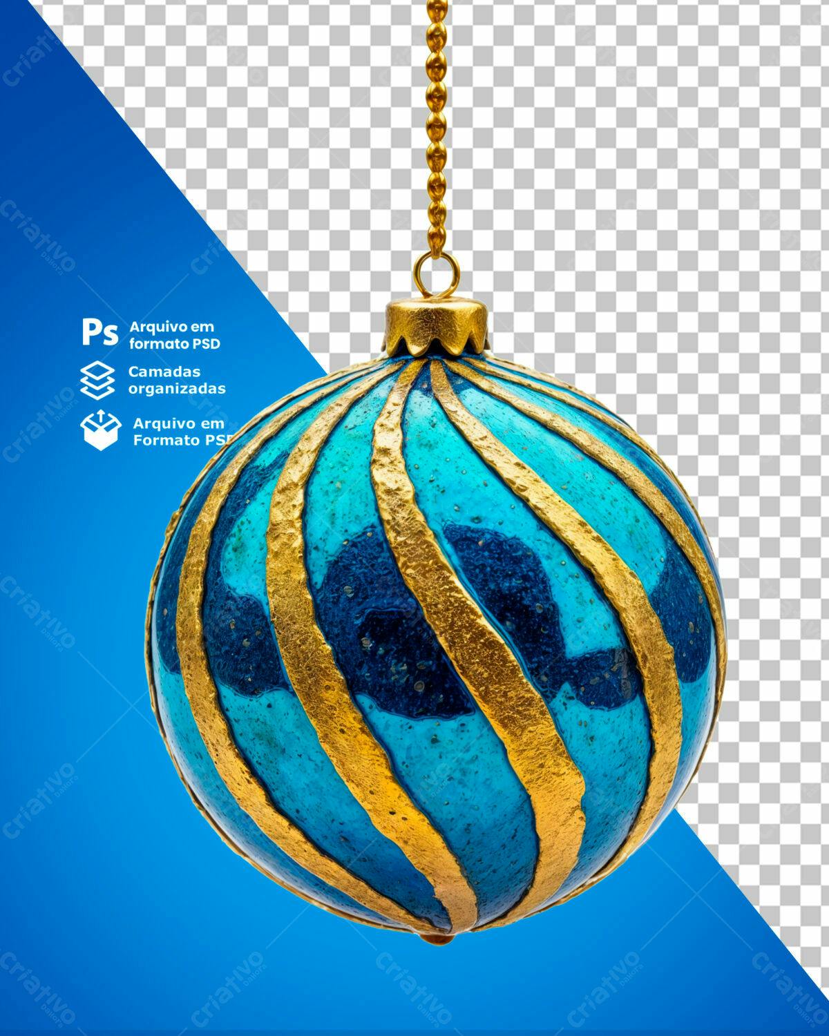 Enfeite de Natal Azul e Dourado PSD Editável