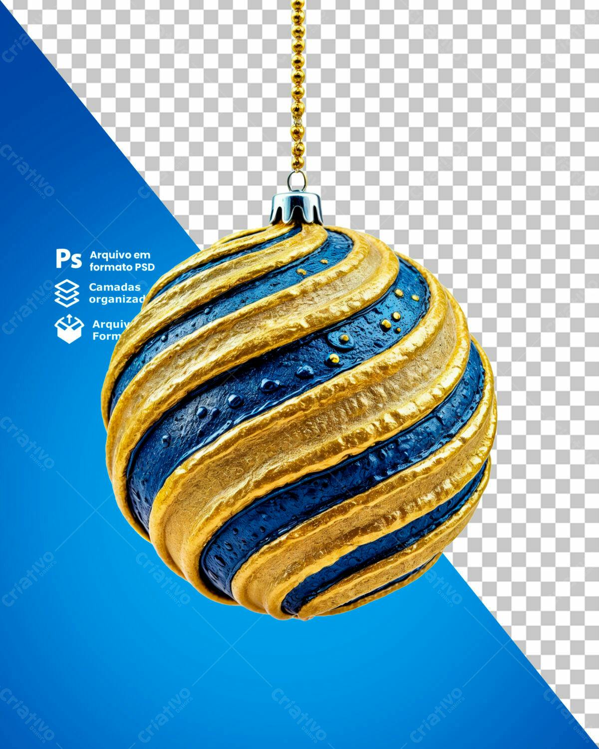 Enfeite de Natal Azul e Dourado PSD Editável