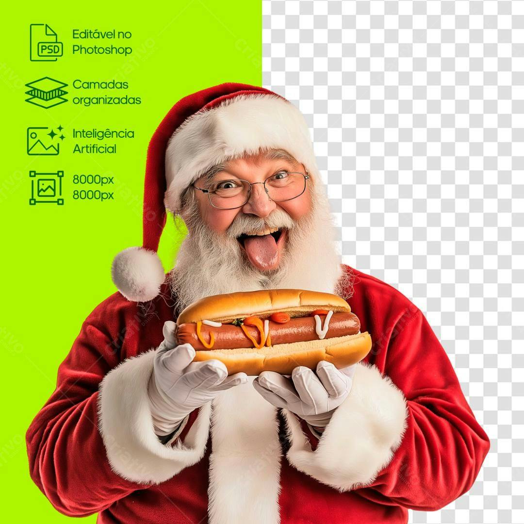 Imagem Natalina Papai Noel com Hot Dog PSD Editável