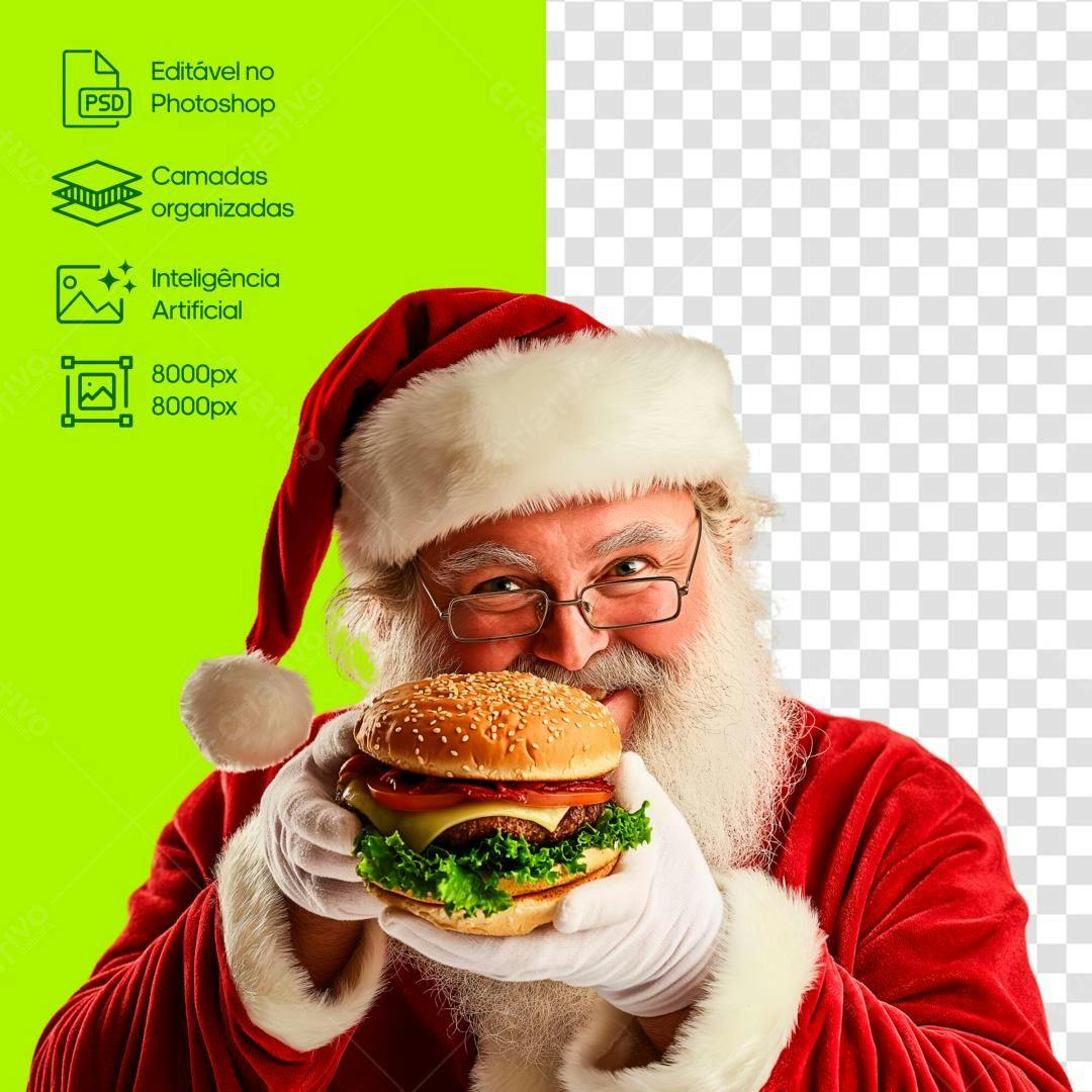 Imagem Natalina Papai Noel com Hambúrguer PSD Editável