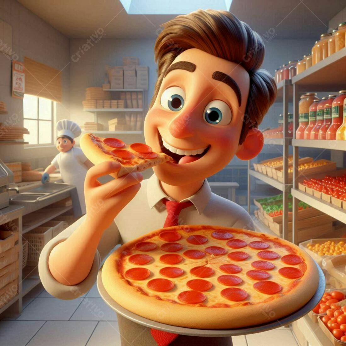 Homem comendo pizza pepperoni em pizzaria