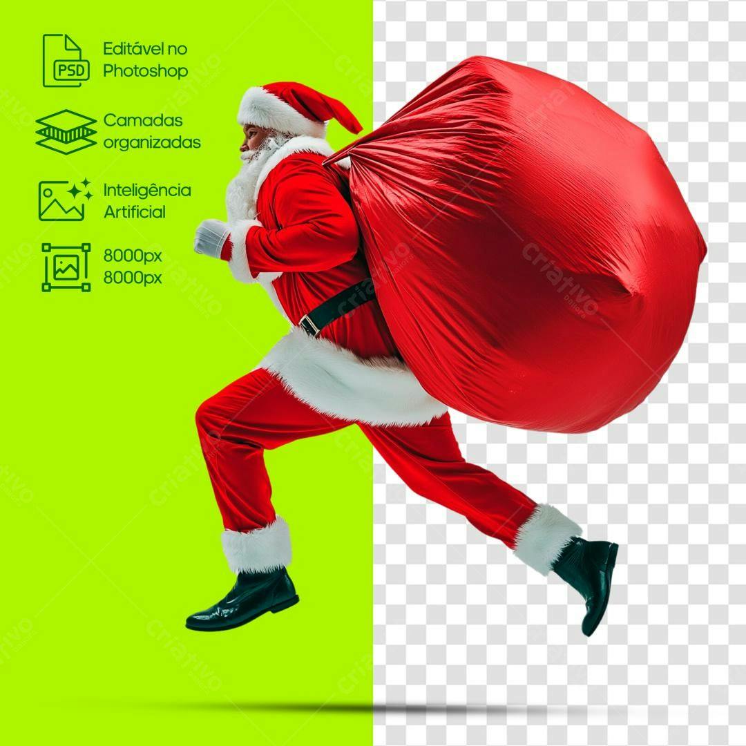 PSD Papai Noel correndo com saco de presentes para Natal Editável