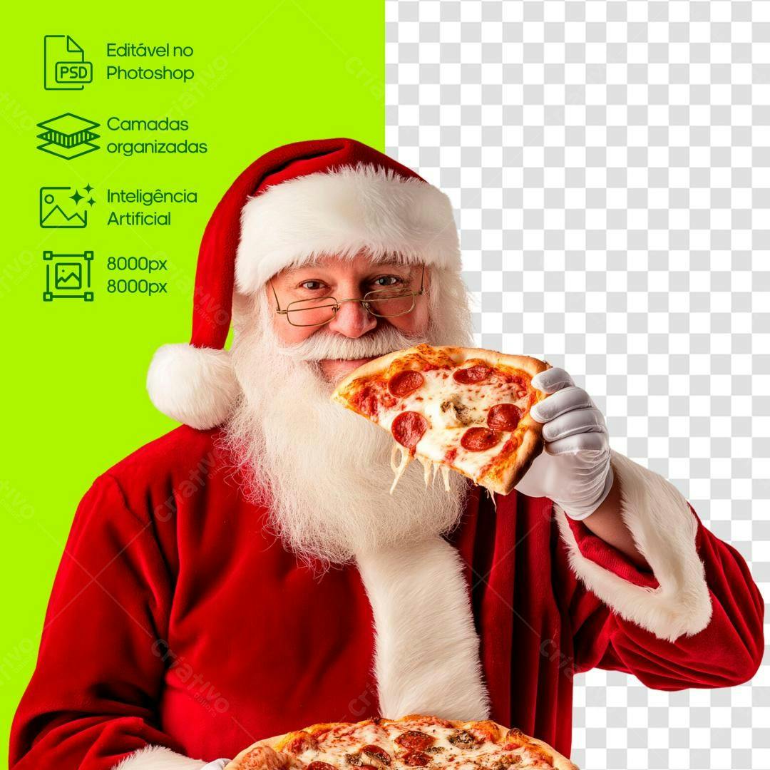 Imagem Natalina Papai Noel com Pizza PSD Editável