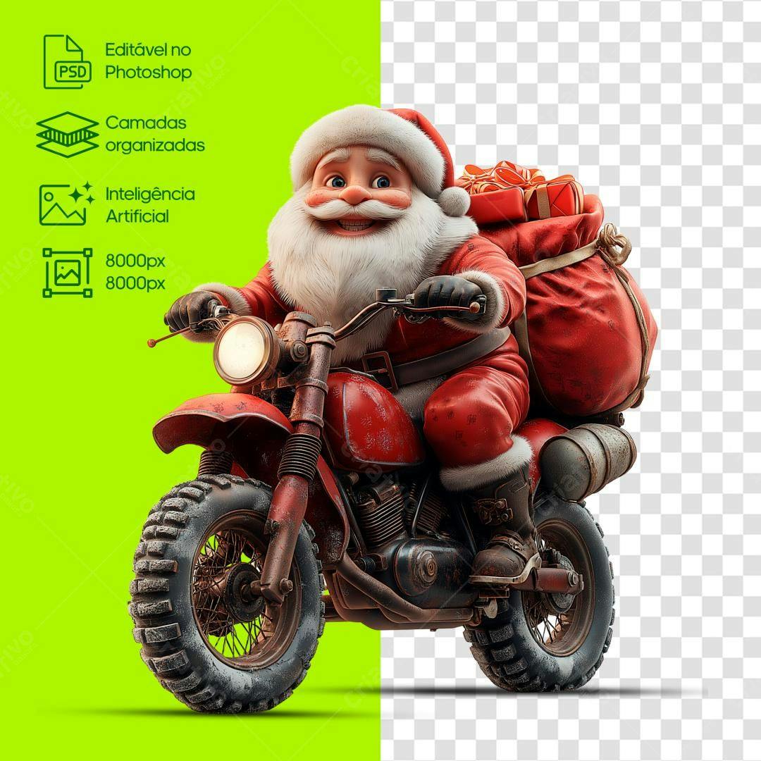 Ilustração Natalina Papai Noel de Moto PSD Editável
