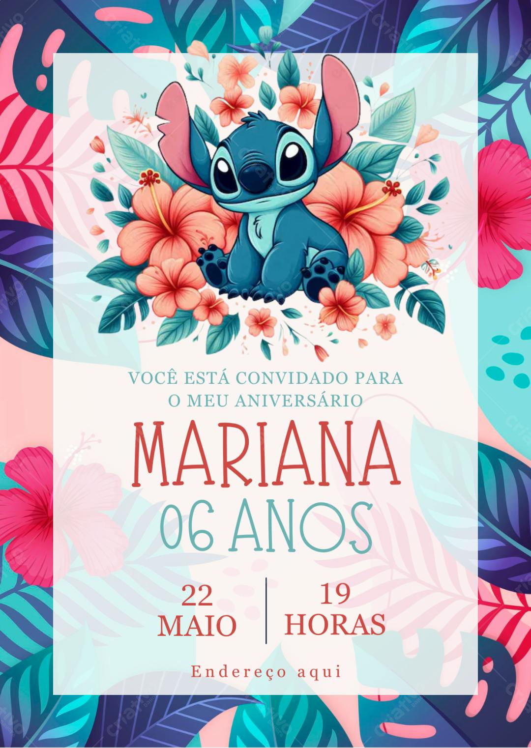 Convite de Aniversário Infantil Stitch com Flores Tropicais Editável no Canva