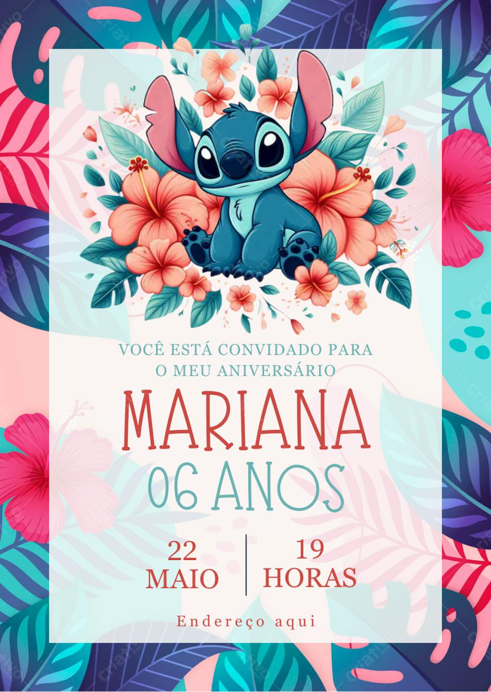 Convite Aniversário Infantil Stitch Floral