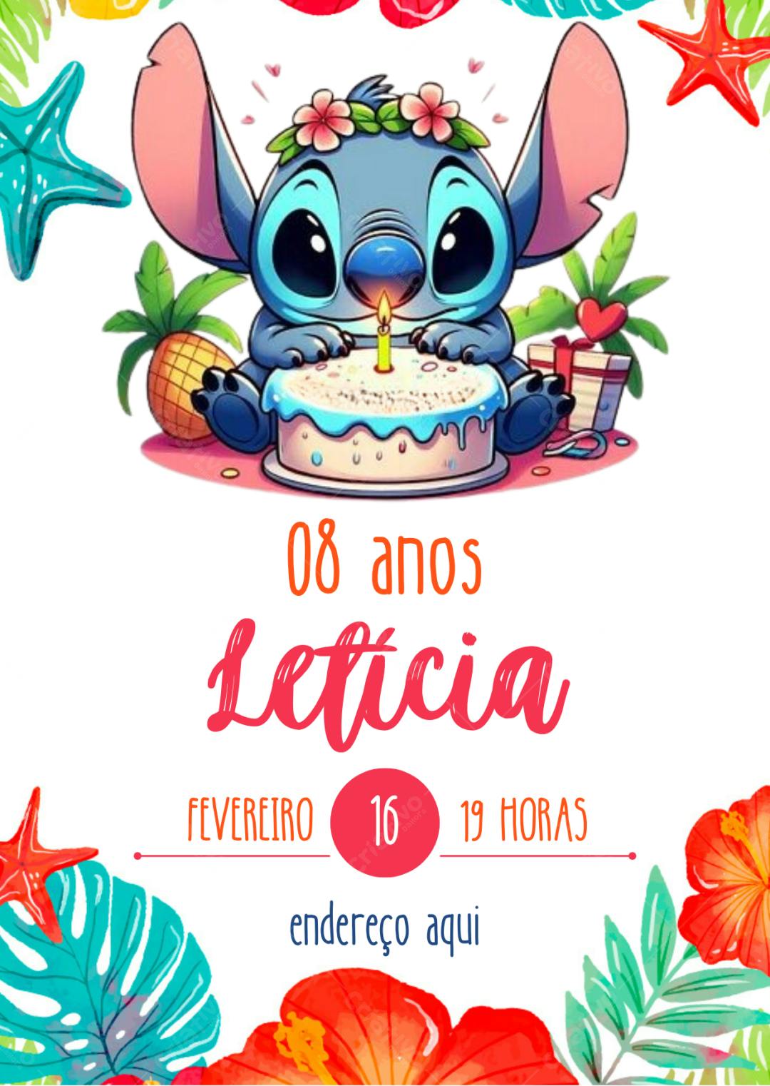 Convite de aniversário infantil Stitch com bolo e flores Editável no Canva