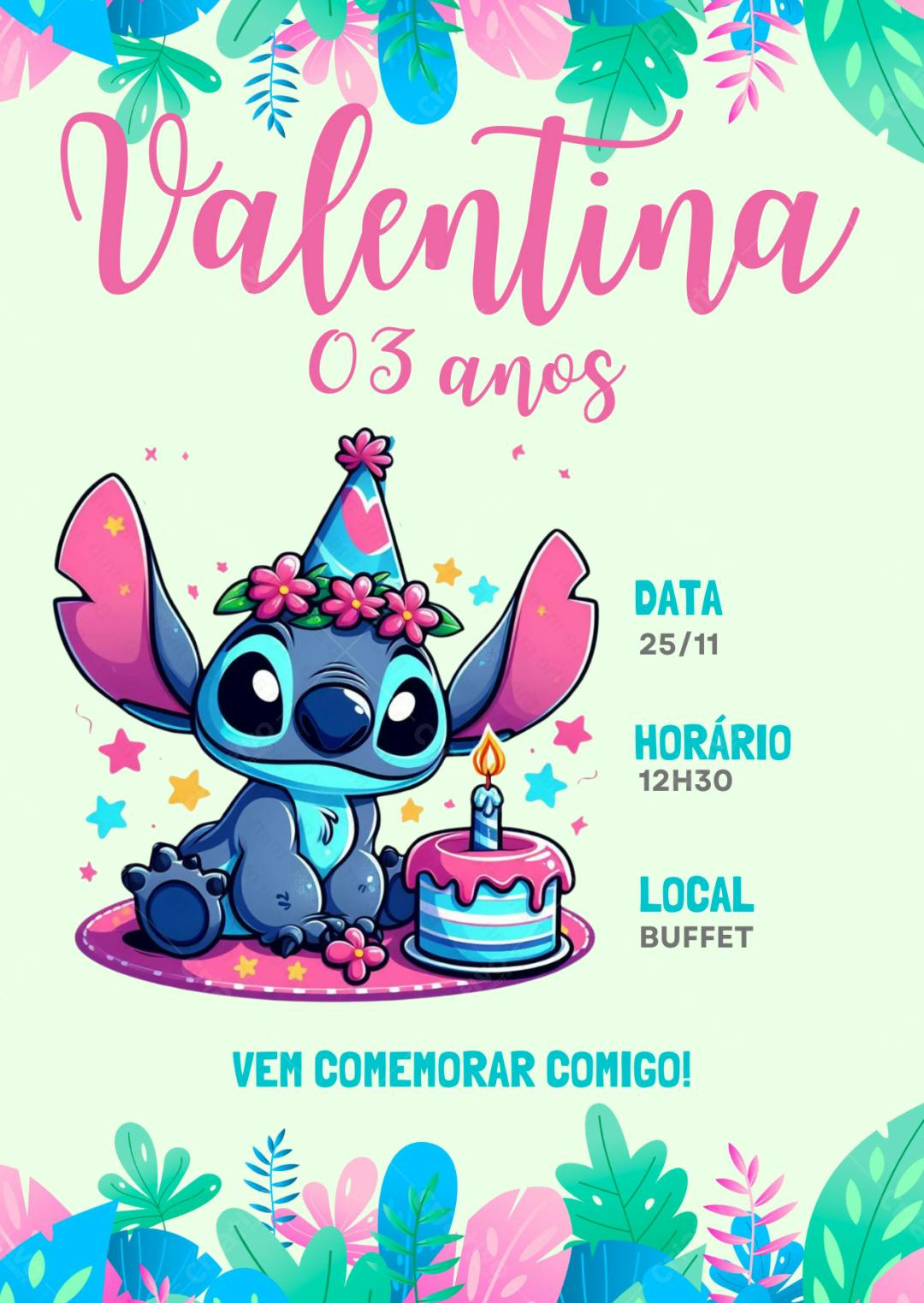 Convite de Aniversário Infantil Stitch Rosa e Azul Editável no Canva