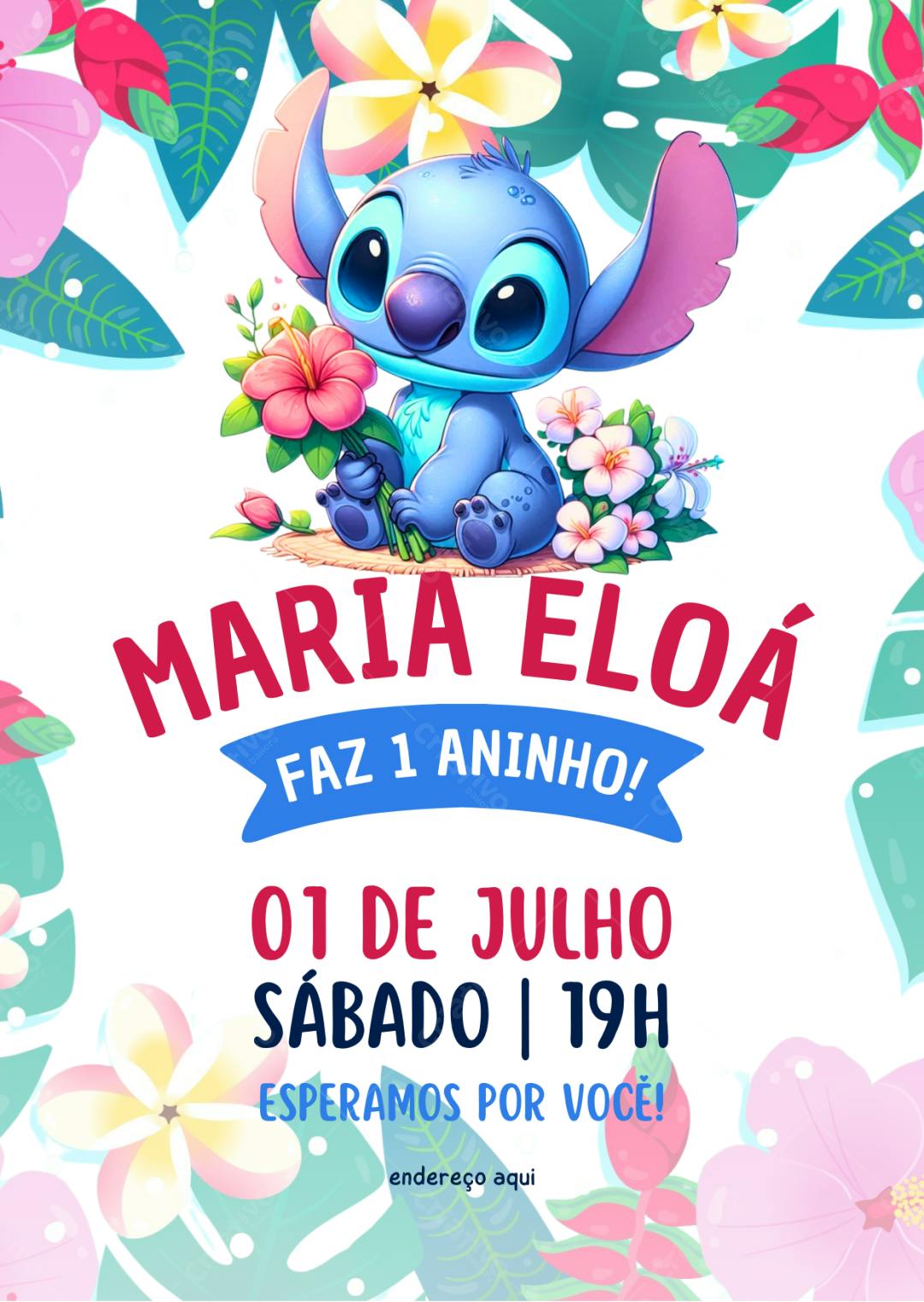 Convite de aniversário Stitch com flores tropicais Editável no Canva
