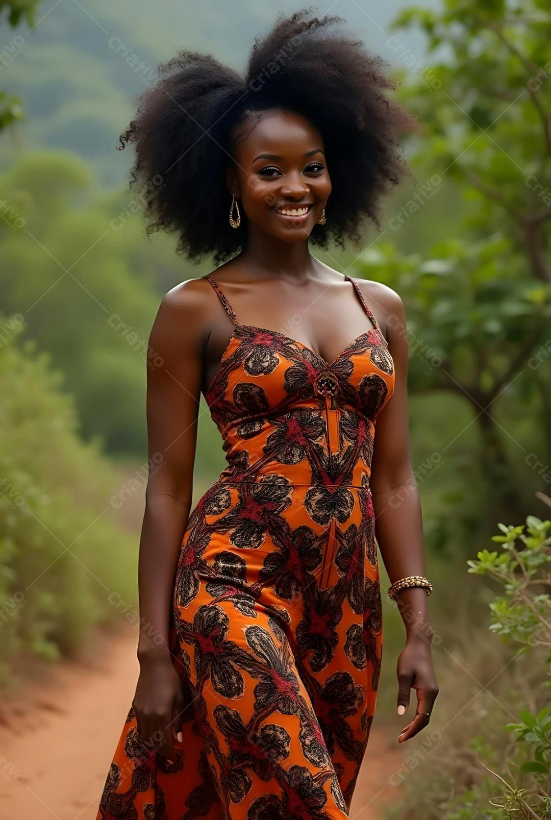 Modelo negra sorrindo em vestido laranja